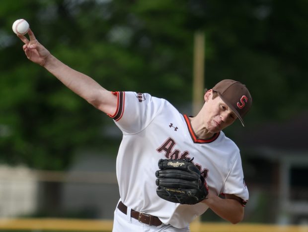 Shepard's Zach Cosme (12) throws a pitch during the Class 4A Providence Regional quarterfinal game against Eisenhower in Palos Heights on Monday May 20, 2024. (Troy Stolt/for the Pioneer Press)