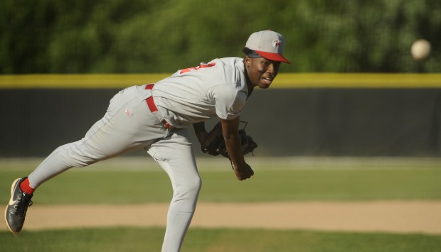 Homewood-Flossmoor's pitcher Trenton Rosebourgh (2) delivers a pitch against Richards during the Class 4A Providence Regional semifinal Wednesday, May 22, 2024 in Oak Lawn, IL. (Steve Johnston/Daily Southtown)