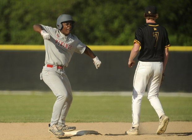 Homewood-Flossmoor's Xavier White (3) reacts to his RBI double against Richards during the Class 4A Providence Regional semifinal Wednesday, May 22, 2024 in Oak Lawn, IL. (Steve Johnston/Daily Southtown)