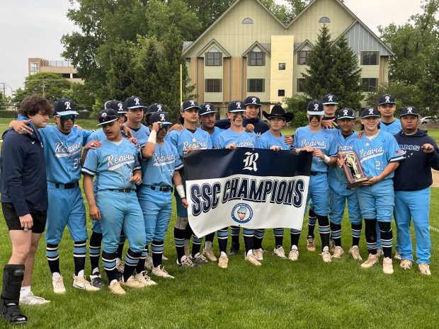 Reavis celebrates its conference championship after beating Oak Lawn in a South Suburban Red game in Oak Lawn on Tuesday, May 14, 2024. (Jeff Vorva / Daily Southtown)