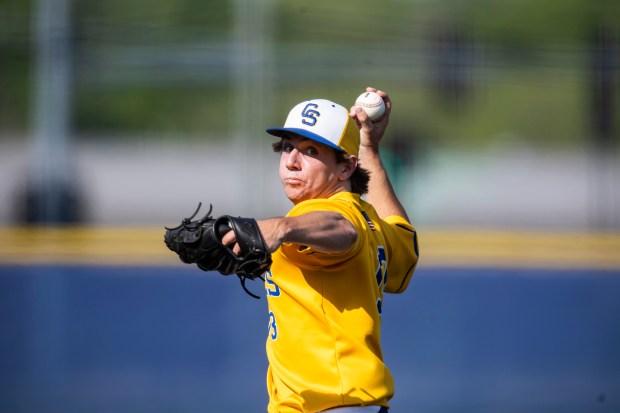 Sandburg's Nick Bestrick pitches to start the game against Marist during the Class 4A Sandburg Regional semifinal in Orland Park on Thursday, May 23, 2024. (Vincent D. Johnson/for the Daily Southtown)