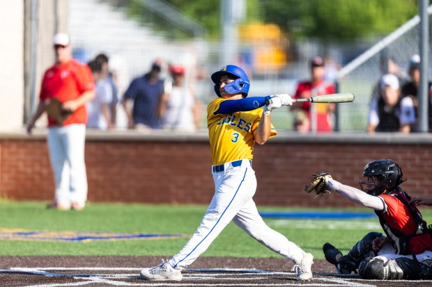 Sandburg's Ryan Evoy (3) swings a Marist pitch during the Class 4A Sandburg Regional semifinal in Orland Park on Thursday, May 23, 2024. (Vincent D. Johnson/for the Daily Southtown)