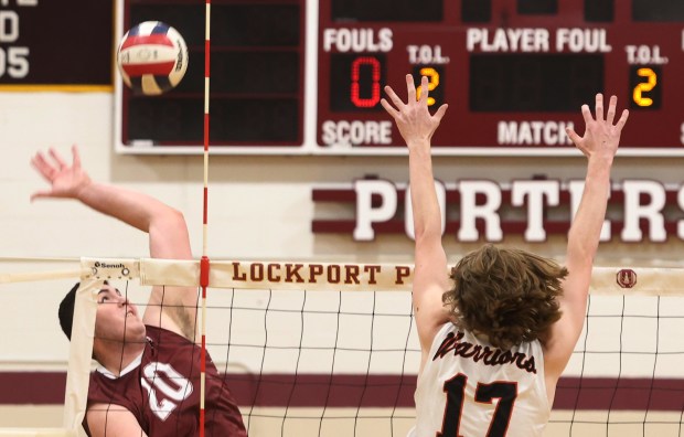 Lockport's Joshua Bluhm (20) hits a shot past Lincoln-Way West's Connor Jaral (17) during the Southwest Suburban Conference Championship game on Thursday, May 9, 2024. (John Smierciak for the Daily Southtown)