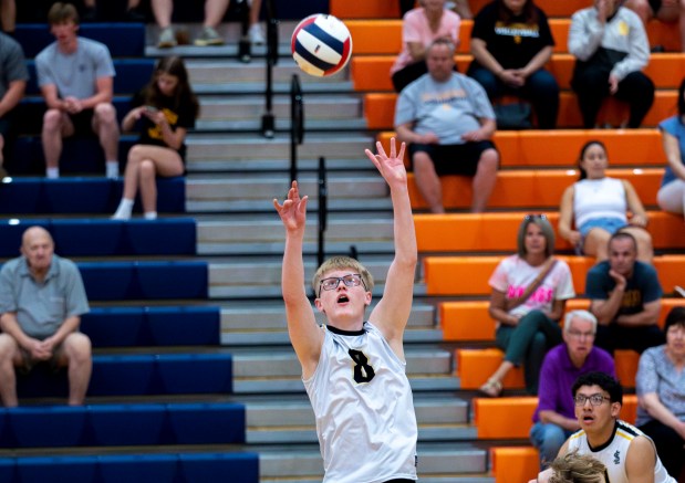 St. Laurence's Roman Rzeszutko (8) sets the ball during a game in Palos Hills on Tuesday, May 21, 2024. (Nate Swanson/for the Daily Southtown)