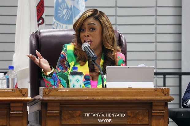 Dolton Mayor Tiffany Henyard speaks during a Village Board meeting May 6, 2024. (Terrence Antonio James/Chicago Tribune)