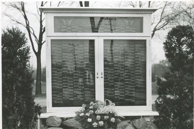 This 1945 image shows the original Roll of Honor in Flossmoor, which listed the village's residents who were engaged in World War II. That memorial was a temporary fixture, but a new one is in the works in the village. (Flossmoor Veterans Memorial)