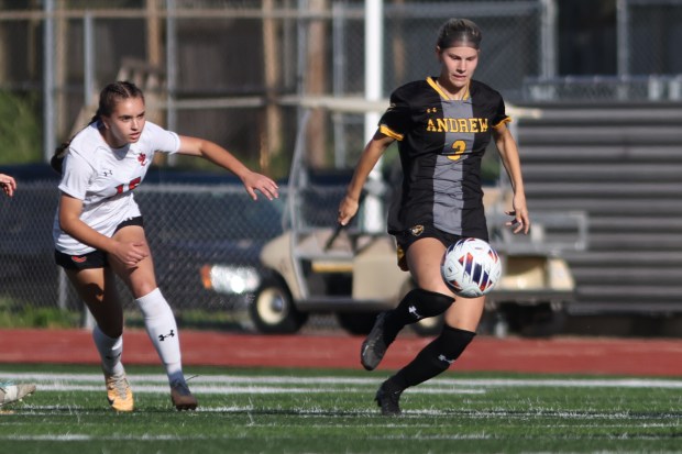 Andrew's Emily Crotty (3) gains possession of the ball during the Class 3A Bloomington Supersectional game against Edwardsville on Tuesday, May 28, 2024. (Troy Stolt/for the Daily Southtown)