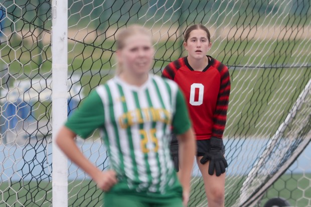 Providence's Claire Wajda (0) prepares for a free kick attempt during the Class 2A Kankakee Sectional final against Tinley Park in Kankakee on Friday, May 23, 2024. (Troy Stolt/for the Daily Southtown)