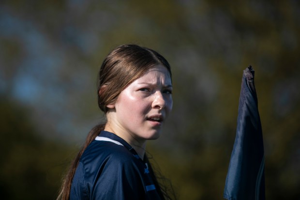 Reavis' Isabel Lopez looks toward her coaches before a corner kick against Shepard during a South Suburban Red game in Burbank on Tuesday, April 30, 2024. (Vincent D. Johnson/for the Daily Southtown)