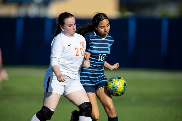 Shepard's Rylee Hassett (20) and Reavis' Carolina Vela (10) collide while going after a ball during a South Suburban Red game in Burbank on Tuesday, April 30, 2024. (Vincent D. Johnson/for the Daily Southtown)