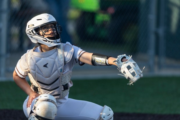 Shepard's Madison Scapardine looks up on a foul ball from Homewood-Flossmoor during the Class 4A Homewood-Flossmoor Regional semifinals in Flossmoor on Tuesday, May 21, 2024. (Vincent D. Johnson/for the Daily Southtown)