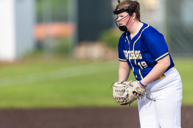 Sandburg's Haley Tracy (19) prepares to pitch against Homewood-Flossmoor during a Southwest Suburban game in Flossmoor on Thursday, May 16, 2024. (Vincent D. Johnson/for the Daily Southtown)