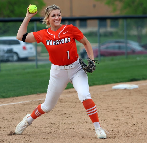 Lincoln-Way West's Molly Finn tosses the ball around between innings during the softball game against Lemont in New Lenox Wednesday, May 8, 2024. (James C. Svehla/for the Daily Southtown)