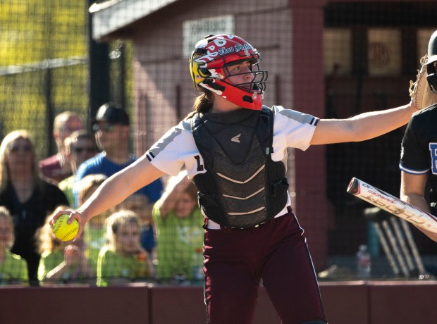 Lockport's Brooke Keltner (22) throws the ball back to the pitching mound during a game against Lincoln-Way East in Lockport on Tuesday, April 30, 2024. (Nate Swanson/for the Daily Southtown)