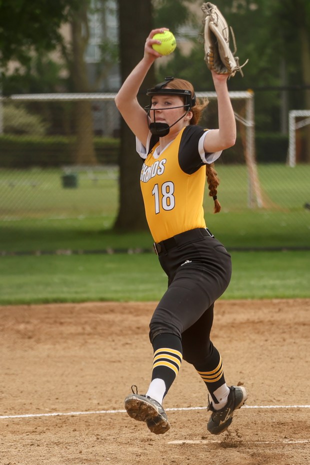 Richard's Emily Chavosky (18) throws a pitch during a game against Oak Lawn on Tuesday May 14, 2024. (Troy Stolt/for the Daily Southtown)