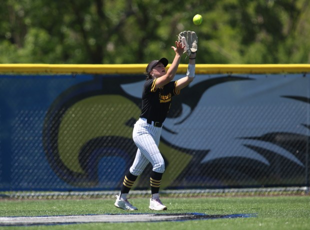 Andrew center fielder Kaidence Bruno (5) catches a fly-ball during the Class 4A Sandburg Regional at Carl Sandburg High School in Orland Park on Saturday, May 25, 2024. (Trent Sprague/for the Daily Southtown)