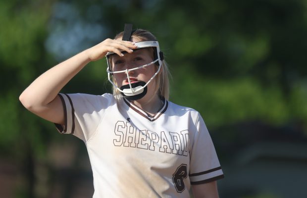 Shepard third baseman Meghan Potenza (8) looks out towards the scoreboard during a game at Shepard High School in Palos Heights on Wednesday, May 15, 2024. (Trent Sprague/for the Daily Southtown)