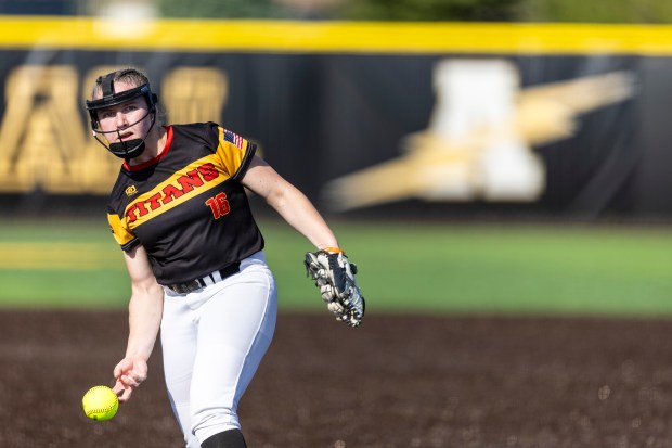 Tinley Park's Emily Korduplewski delivers a pitch against Andrew during a nonconference game in Tinley Park on Monday, May 6, 2024. (Vincent D. Johnson/for the Daily Southtown)