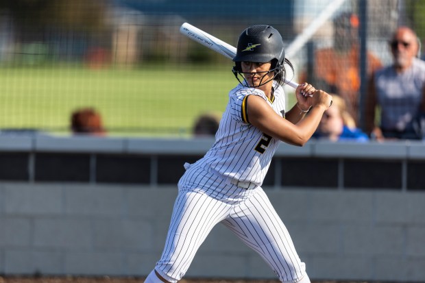 Andrew's MaTaia Lawson waits for a pitch from Tinley Park during a nonconference game in Tinley Park on Monday, May 6, 2024. (Vincent D. Johnson/for the Daily Southtown)