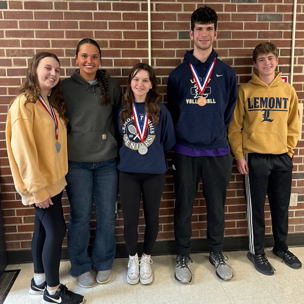 Lemont High School students, from left, Mirella Miazga, Ania Liptak, Natalia Zagata, Aidan McIntyre and Greg Kasper, helped the school match a record with five entries and three medalist finishes at the 2024 Illinois Design Educators Association State Competition. (Lemont High School)