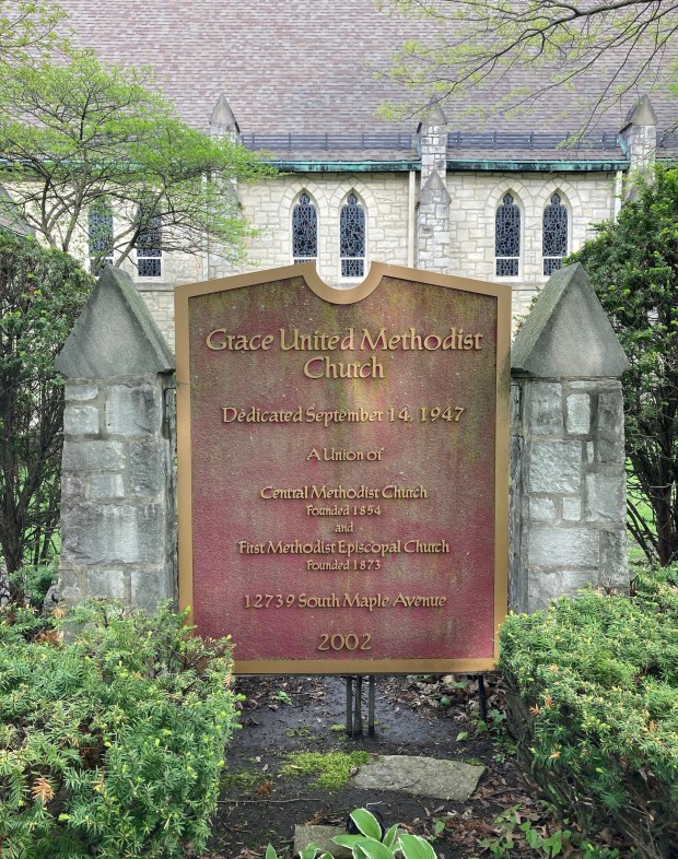 A sign at Grace United Methodist Church in Blue Island shows its deep roots in the community. (Melinda Moore/Daily Southtown)