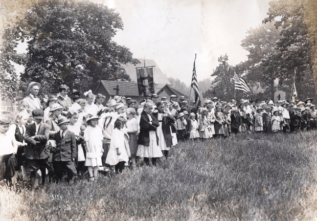 A group of schoolchildren from south Cook County watch events during a school festival in June 1916, in Thornton in this image provided by the Wisconsin Historical Society. (Wisconsin Historical Society, WHI-76961)