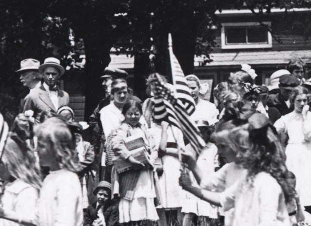 A group of girls conduct a flag drill during a June 1916, Cook County School Festival in Thornton. (Wisconsin Historical Society, WHI-76962)