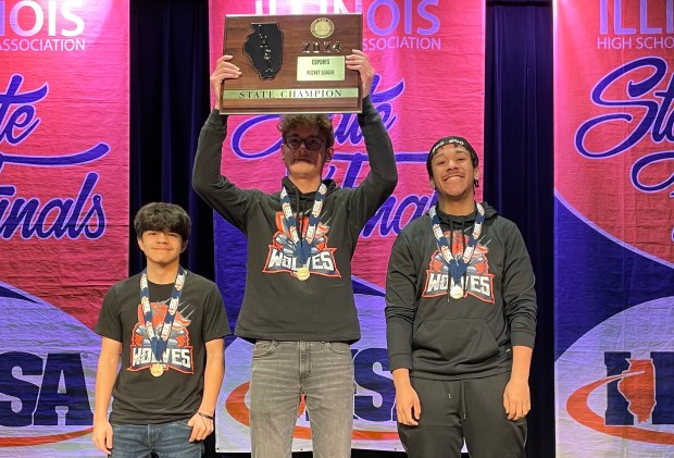 Members of the esports team at T.F. South High School in Lansing, from left, Nicholas Tiscareno, Nicholas Hayes and Cory Newman, won the championship in Rocket League at the recent IHSA state tournament in Evergreen Park. (IHSA)