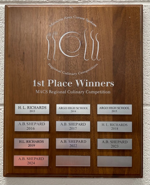 This plaque is proudly displayed in kitchen used by culinary students at Shepard High School. (Steve Metsch/for Daily Southtown)