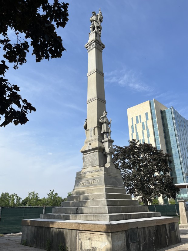 A memorial next to the footprint of the former Will County Courthouse in downtown Joliet. (Michelle Mullins for Daily Southtown)