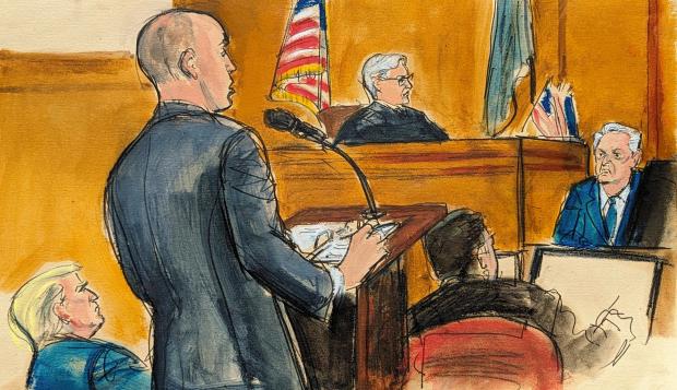 Donald Trump, far left, watches as defense attorney Emil Bove questions Robert Costello, right, with Judge Juan Merchan presiding in Manhattan criminal court, Monday, May 20, 2024, in New York. (Elizabeth Williams via AP)