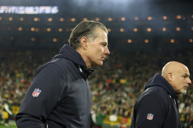 Bears coach Matt Eberflus heads for the locker room after a 17-9 loss to the Packers on Jan. 7, 2024, at Lambeau Field. (John J. Kim/Chicago Tribune)