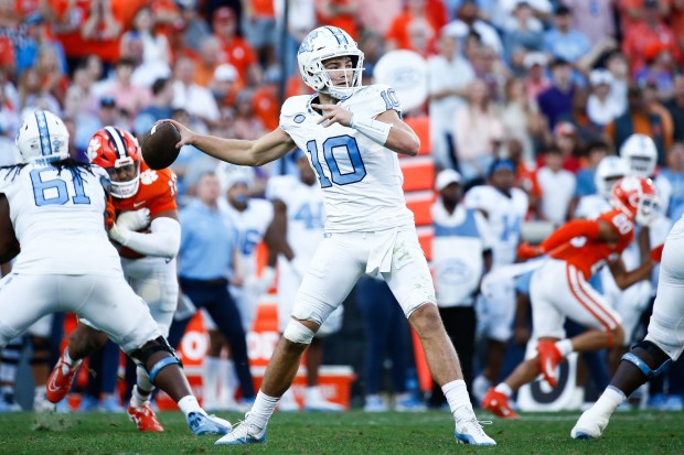 North Carolina quarterback Drake Maye passes against Clemson on Nov. 18, 2023, in Clemson, S.C. (Isaiah Vazquez/Getty)