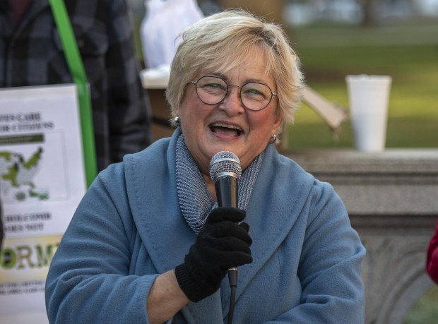 Indiana state Sen. Karen Tallian, D-Portage, addresses the crowd regarding current legislation during a cannabis legalization rally held at the Indiana Statehouse in Indianapolis on Monday, Jan. 6, 2020. (Michael Gard/Post-Tribune)