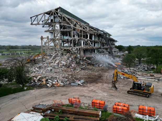 Demolition of the grandstand continues at the former Arlington International Racecourse, Aug. 7, 2023.