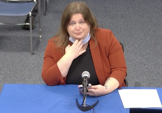 Andrea Crawford speaks in October 2022 to members of the school board for Riverside-Brookfield High School District 208, where Dallas Till worked until being fired in early 2023. (RBTV/YouTube)