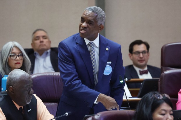 Chicago Ald. David Moore, 17th, talks about the ShotSpotter technology used by the city during a meeting of the City Council on May 22, 2024. (Terrence Antonio James/Chicago Tribune)