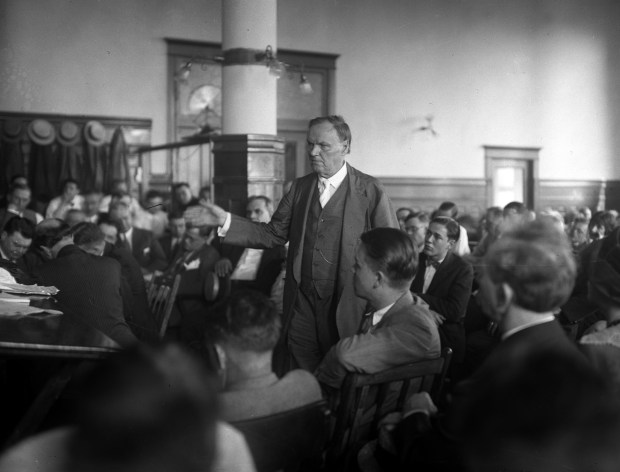 Atty. Clarence Darrow in action during the Nathan Leopold and Richard Loeb murder trial in 1924. Defendant Richard Loeb is on the right. (Chicago Herald and Examiner)