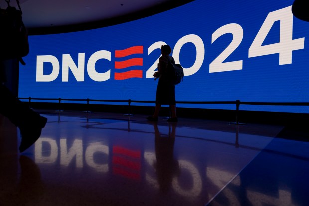 Signage is displayed during a walkthrough of the Democratic National Convention on May 22, 2024, at the United Center. (Brian Cassella/Chicago Tribune)