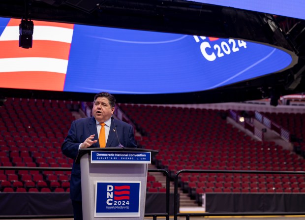 Gov. J.B. Pritzker speaks during a walkthrough of the Democratic National Convention on May 22, 2024, at the United Center. (Brian Cassella/Chicago Tribune)