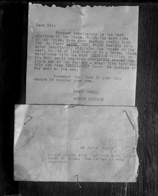 A ransom letter instructs the father of the victim where to leave the money. It was established that these and other such notes were written on a typewriter belonging to Nathan Leopold Jr., which he threw into the Jackson Park Lagoon. (Chicago Tribune historical photo)