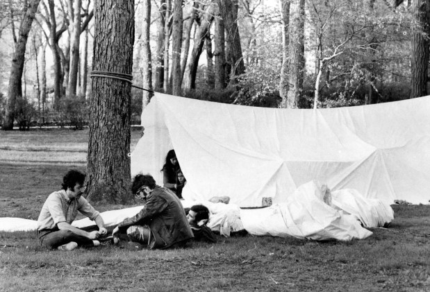 A large tent is pitched at the Northwestern University campus during a protest against the Vietnam War and the shooting of four Kent State University students at Northwestern University on May 7, 1970. (Michael Budrys/Chicago Tribune)