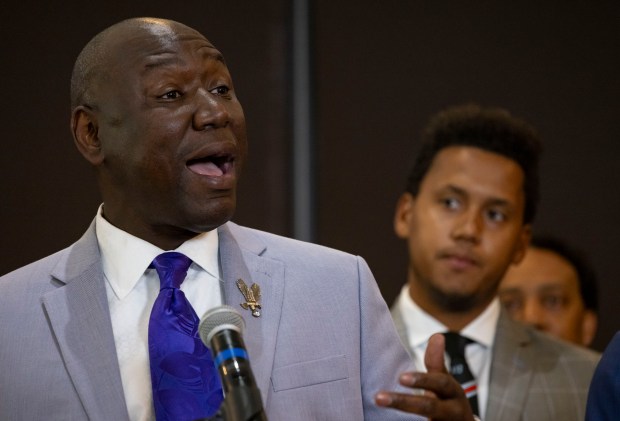 Attorney Ben Crump speaks on July 19, 2023, alongside former Northwestern football players about the abuse and hazing they say occurred in the program. (Brian Cassella/Chicago Tribune)