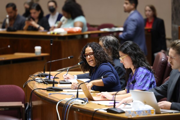 Ald. Rossana Rodriguez Sanchez speaks during a committee meeting and vote, at City Hall on Sept. 26, 2023, on the Treatment not Trauma ordinance. The committee later approved the ordinance that would send crisis responders to mental heath calls. (Antonio Perez/ Chicago Tribune)