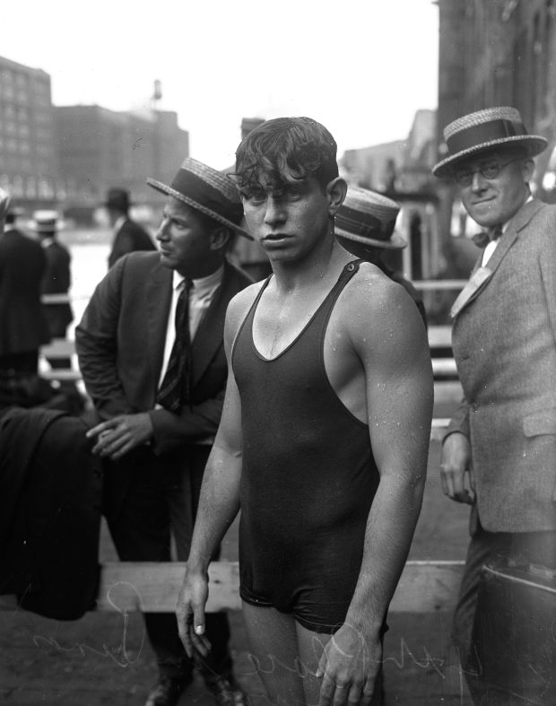 Sam Greller, of the Illinois Athletic Club, came in third in the Chicago River swim race in Chicago, circa 1923. Greller was an alternate for the U.S. water polo team in 1924 and went to the Olympics in 1928. (Chicago Herald and Examiner)