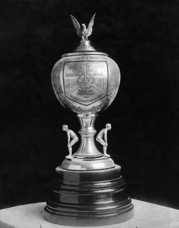 The Chicago River swimming marathon trophy was given by Mayor William Hale Thompson and the Illinois Athletic Club in the 1920s. (Chicago Tribune historical photo)