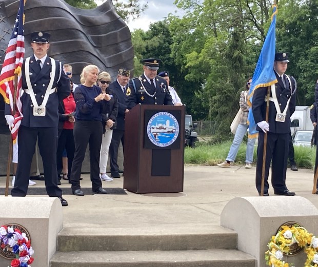 Waukegan Fire Department Capt. Matt Burleson a retired U.S. Army veteran, gives the keynote address at the Waukegan's Memorial Day ceremony. (Steve Sadin/Lake County News-Sun)