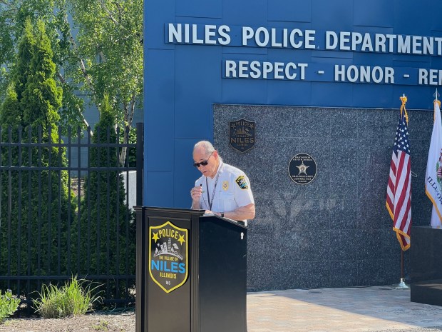 Niles Police Chaplain Al Lopez says a prayer at the Police Officers Memorial Day Ceremony in front of the Niles Police Department on May 15, 2024. Credit: Richard Requena