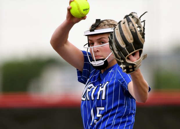 St. Charles North's Paige Murray (15) pitches in the third inning. St. Charles North defeated Oswego 2-1 in the Class 4A state semifinals at Louisville Slugger Sports Complex in Peoria, Friday, June 7, 2024. (Rob Dicker / Beacon News)