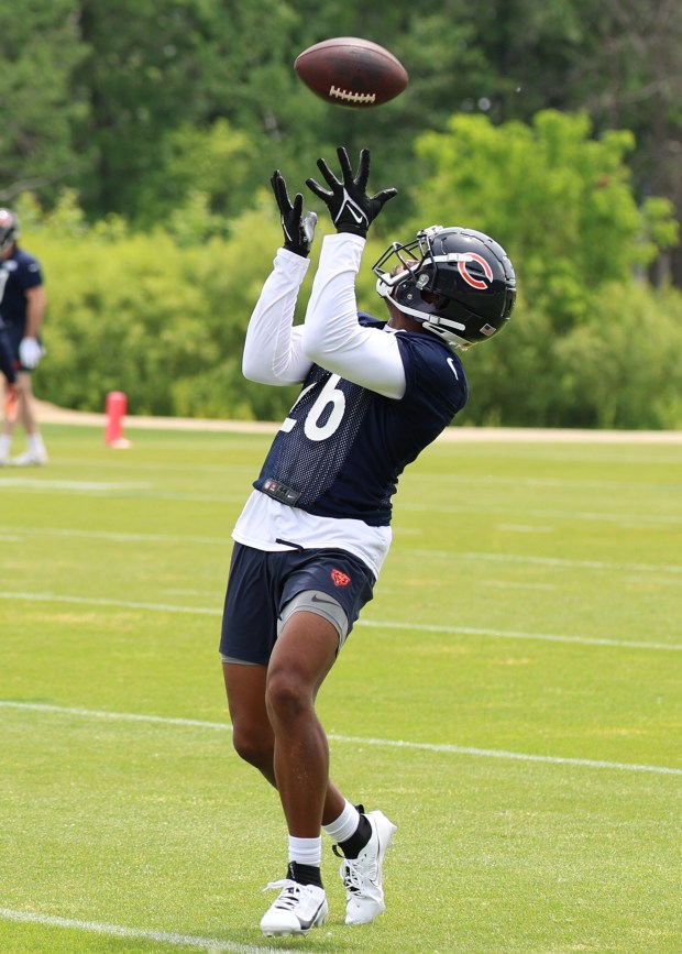 Chicago Bears wide receiver John Jackson III (26) catches a pass during minicamp at Halas Hall on June 4, 2024, in Lake Forest. (Stacey Wescott/Chicago Tribune)